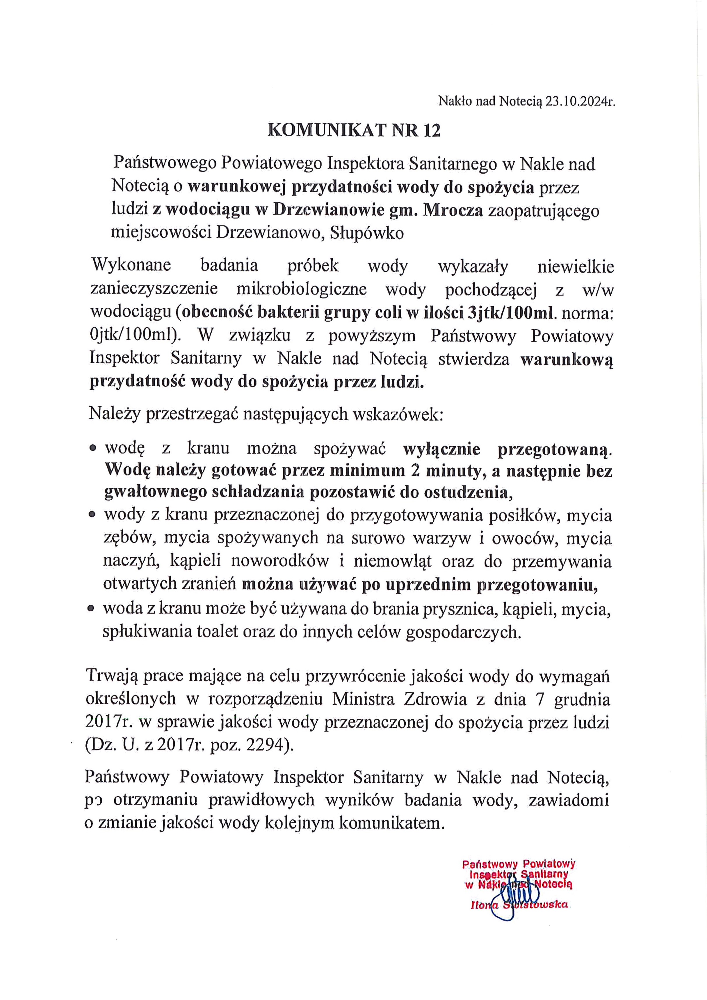 Informacja o&nbsp;jakości wody w&nbsp;Drzewianowie