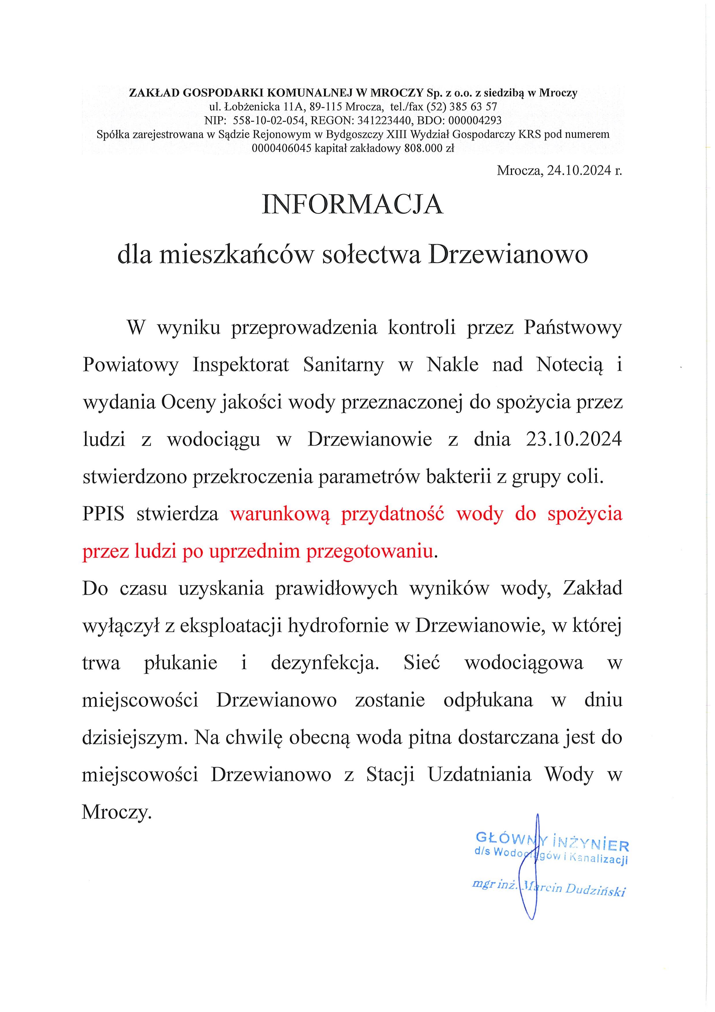 Informacja o&nbsp;jakości wody w&nbsp;miejscowości Drzewianowo
