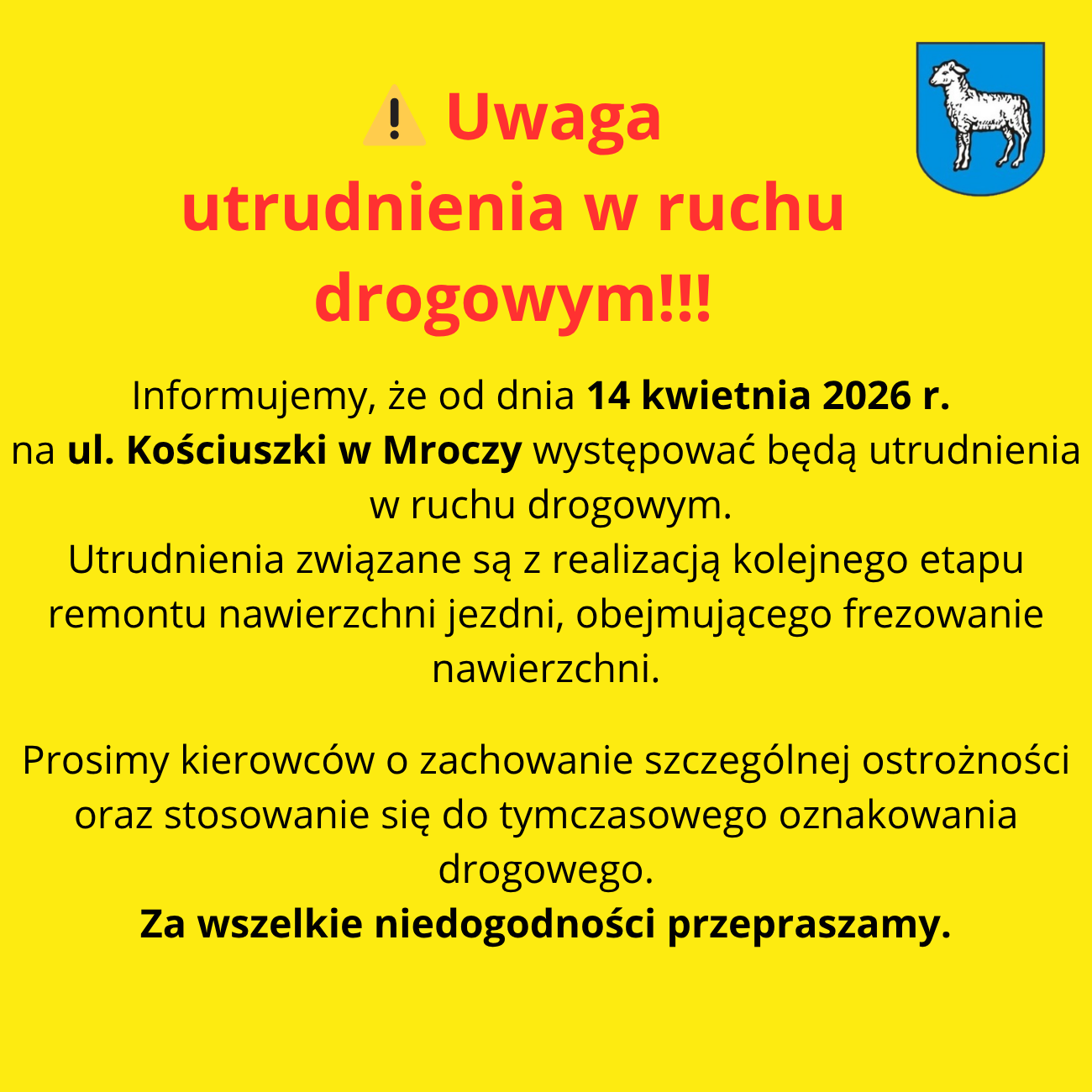 utrudnienia w&nbsp;ruchu ul. Kościuszki