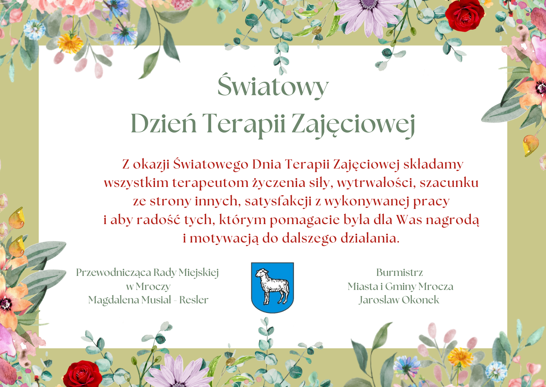 Życzenia z okazji Światowego Dnia Terapii Zajęciowej. 