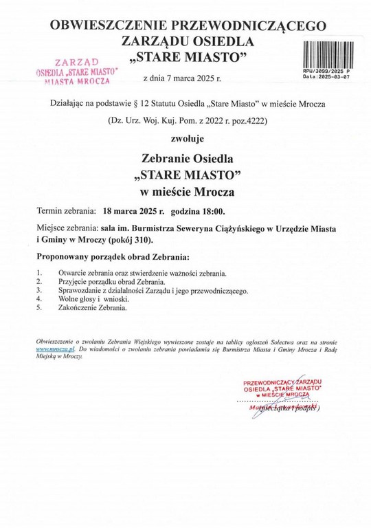 obwieszczenie o&nbsp;zebraniu osiedla Stare Miasto 18 marca 2025 r.
