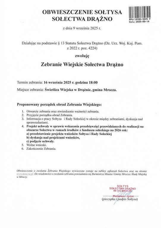 obwieszczenie sołtysa Drążna