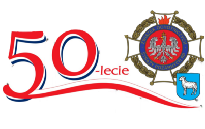 liczba 50 z dopiskiem lecie, obok napisu herb Gminy Mrocza oraz logo Oddziału Miejsko-Gminnego Związku Ochotniczych Straży Pożarnych RP w Mroczy