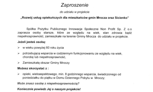 Zaproszenie do udziału w projekcie „Rozwój usług opiekuńczych dla mieszkańców gmin Mrocza oraz Sicienko”