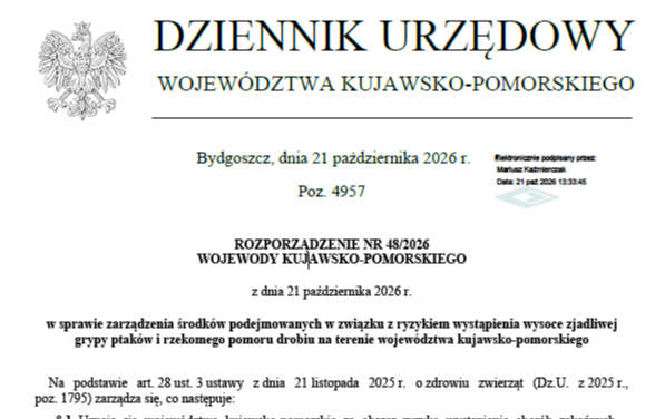 Ryzyko wystąpienia grypy ptaków w województwie kujawsko-pomorskim